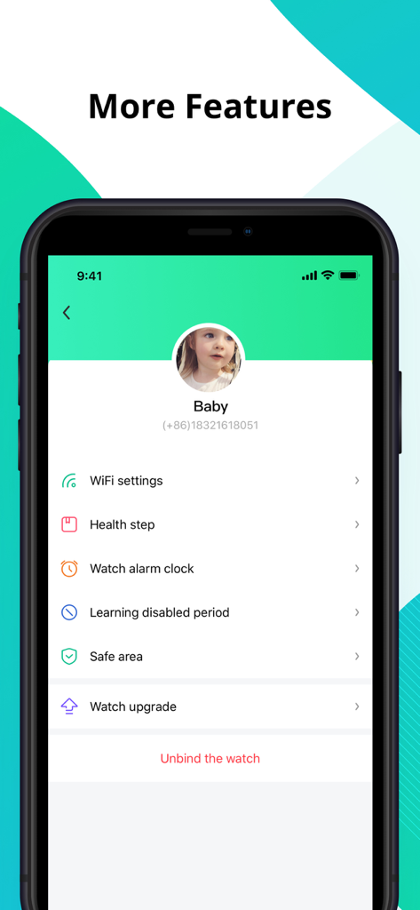 Safety Watch APP - Safety Watchアプリの機能画面。子供用スマートウォッチの保護者向けコントロール設定が表示されています。