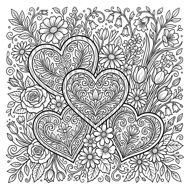 Discover the charm of spring with this detailed coloring page featuring beautifully carved wooden hearts. Surrounded by blooming flowers and lush foliage, it’s a perfect blend of rustic elegance and seasonal joy.