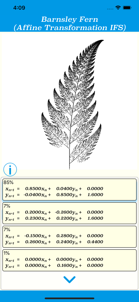 Fractal Catalog - Una captura de pantalla de la aplicación Catálogo Fractal que muestra un fractal de Helecho de Barnsley junto con sus ecuaciones de transformación afín matemáticas.