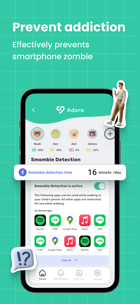 Adora - Parental Control - Adora parental control app showing the smombie detection feature to prevent smartphone usage while walking