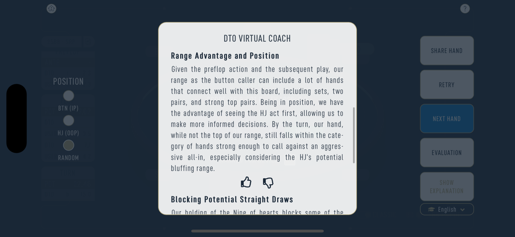 DTO MTT - GTO Poker Trainer - DTO Poker Virtual Coach gibt eine detaillierte Erklärung von Range-Vorteil und Position für GTO-Strategie