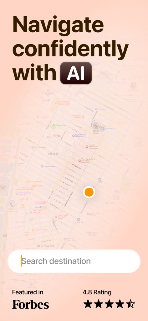 Oko navigation app interface featuring AI assistance for the visually impaired a map view and Forbes endorsement