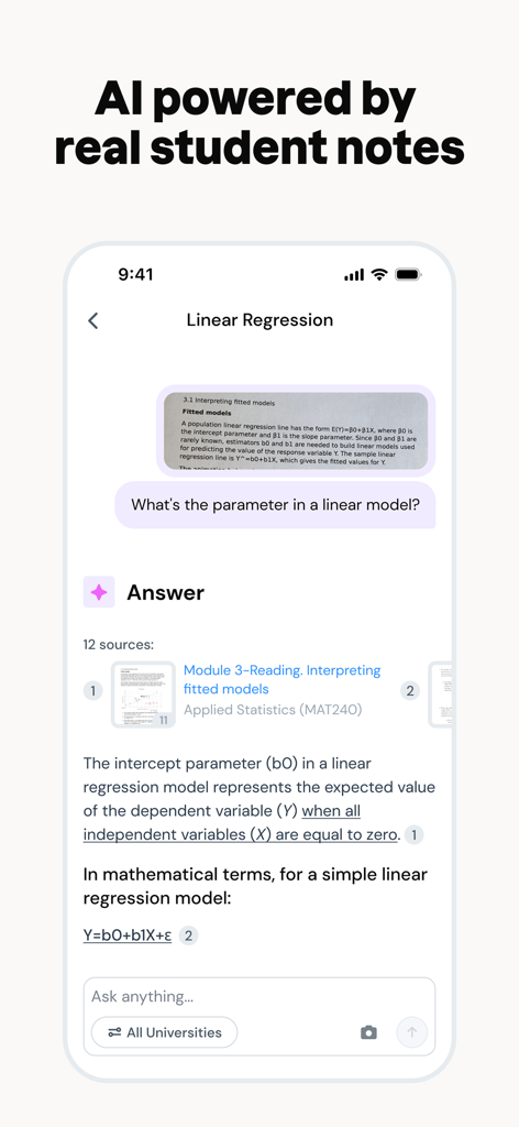 Interfaccia dell'app Studocu che mostra l'AI rispondere a una domanda di statistica utilizzando gli appunti dello studente