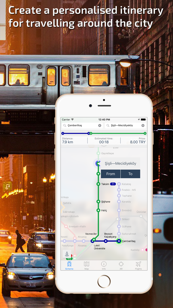 Istanbul Metro Guide app showing a route planner with travel time, distance, and price in TRY