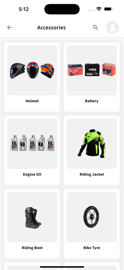 BikeBD.com - Capture d'écran des catégories d'accessoires de moto dans l'application BikeBD montrant des casques, des batteries et des équipements de conduite
