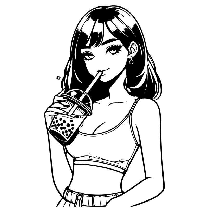 realistic girl drinking boba with a crop top