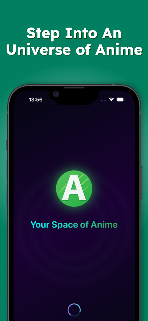 The Animekai - Space of Anime - Splash screen of The Animekai app with the logo and the text Step Into An Universe of Anime on a green background