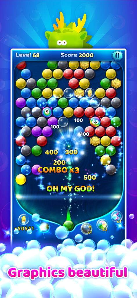 A vibrant gameplay screenshot of Bubble Mania! featuring a bubble shooter puzzle with a triple combo effect and colorful graphics.