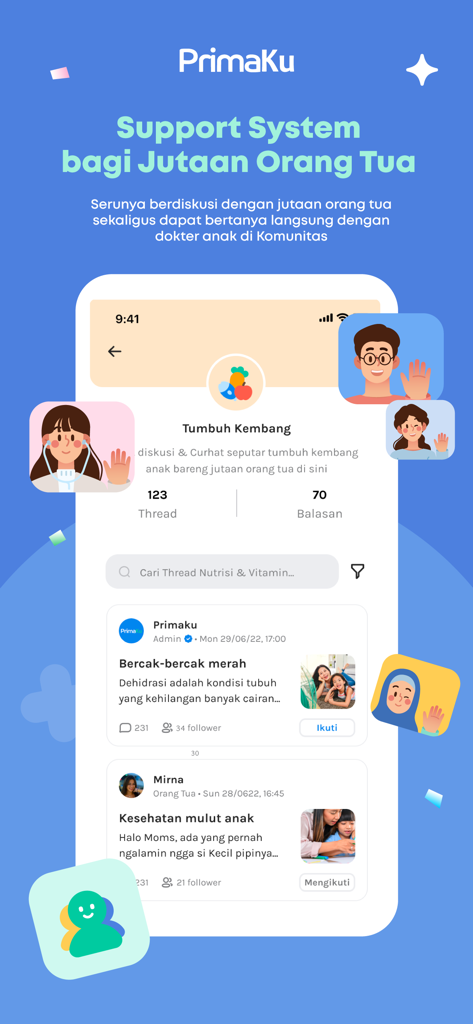 A screenshot of the PrimaKu app showing the community forum where parents can discuss child growth and health topics with other parents and pediatricians.