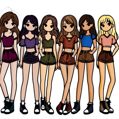 a group of girls wearing crop tops and shorts