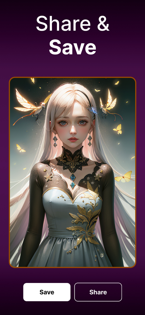 Imagine - AI Art Generator - Imagine AI Art Generator share and save screen featuring an AI generated anime portrait with butterflies.