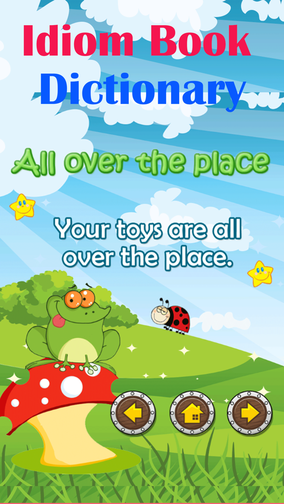 Learn English Sentence Reading - Screenshot of the English idiom learning app showing the phrase All over the place with a cartoon frog illustration