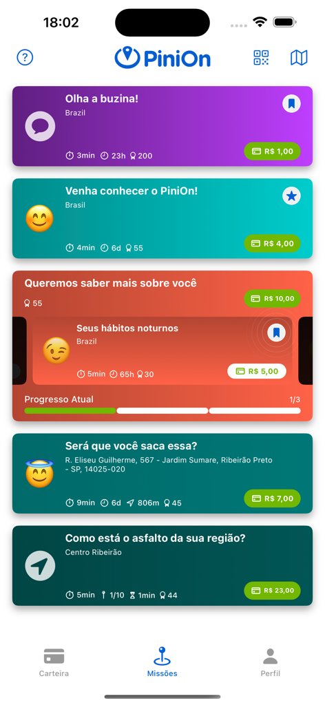 Interface do aplicativo PiniOn mostrando uma lista de missões pagas disponíveis com valores de recompensa em Reais Brasileiros.