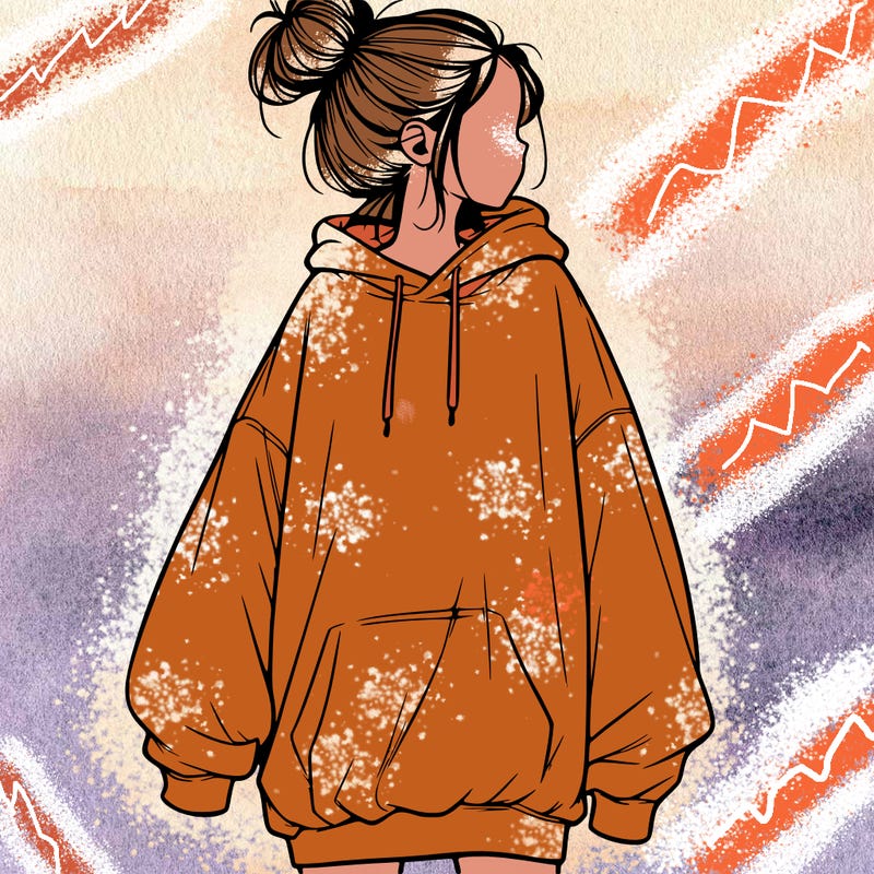 realistic girl with a oversized sweatshirt on and a bun