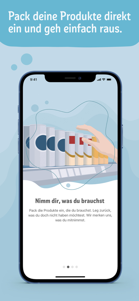 Bildschirm der REWE Pick und Go App mit einer Illustration des Auswählens von Artikeln aus einem Regal für ein kassiererloses Einkaufserlebnis