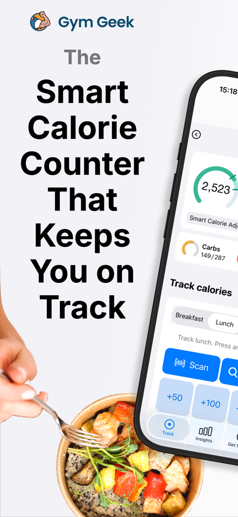 Gym Geek Calorie Counter - Interface do aplicativo Gym Geek mostrando rastreamento de calorias e metas de macronutrientes ao lado de uma refeição saudável