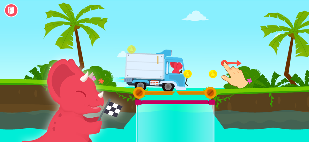 Dinosaur Car games for kids - Cartoon dinosaur holding a race flag with a truck driving over a bridge in a preschool game