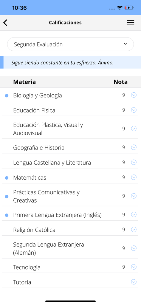 Pincel Alumnado y Familias - Interfaz de la aplicación móvil Pincel Alumnado y Familias que muestra el informe académico de un estudiante con calificaciones para diversas asignaturas