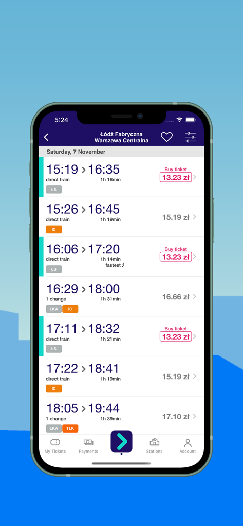 KOLEO app interface displaying train departure times and ticket prices for the route from Lodz to Warsaw.