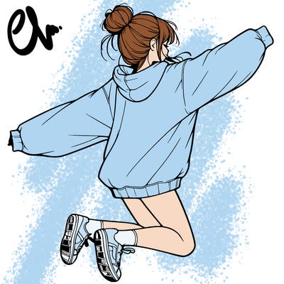 realistic girl jumping with a bun and oversized sweatshirt