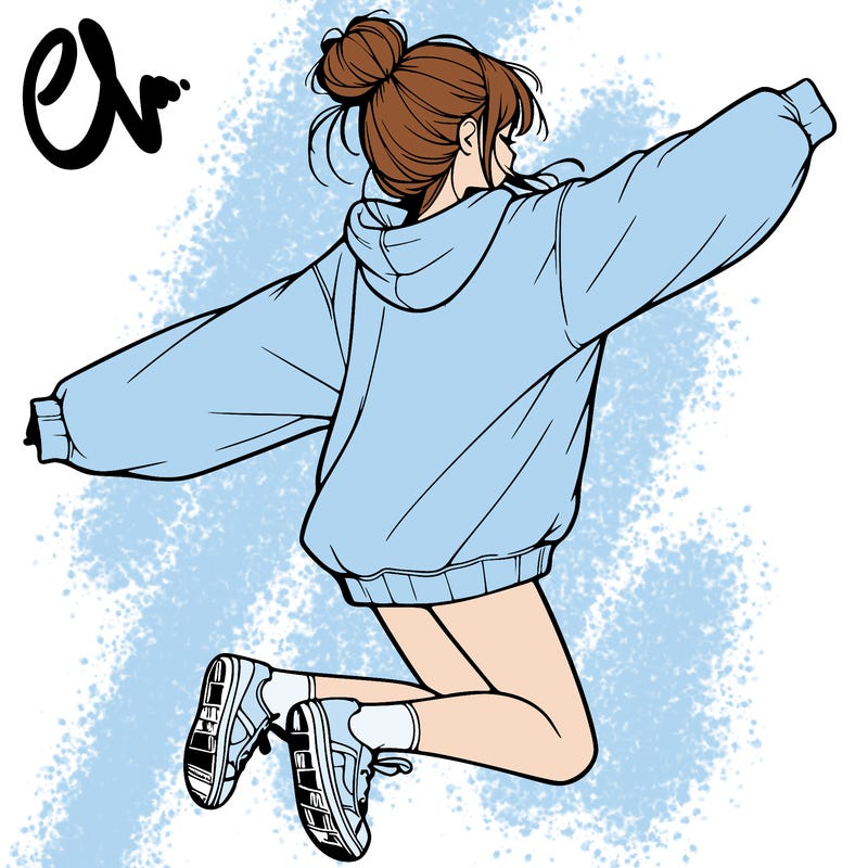 realistic girl jumping with a bun and oversized sweatshirt