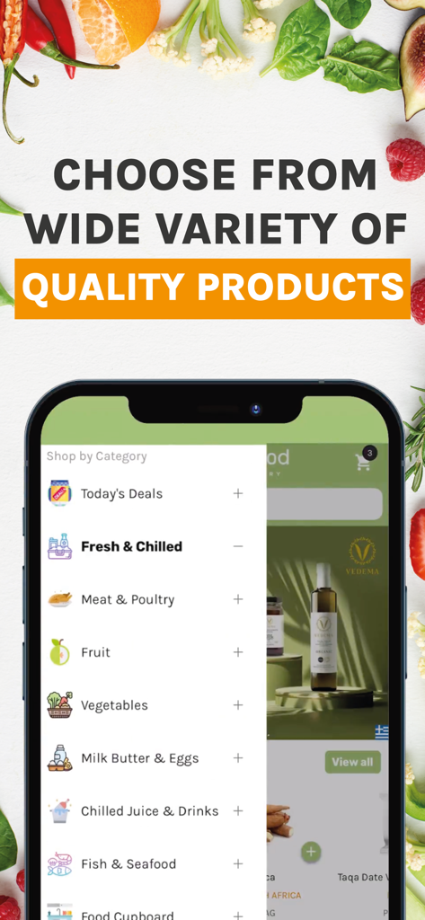 QualityFood: Grocery Delivery - QualityFood app interface showing grocery categories like Fresh and Chilled, Meat, and Fruit.