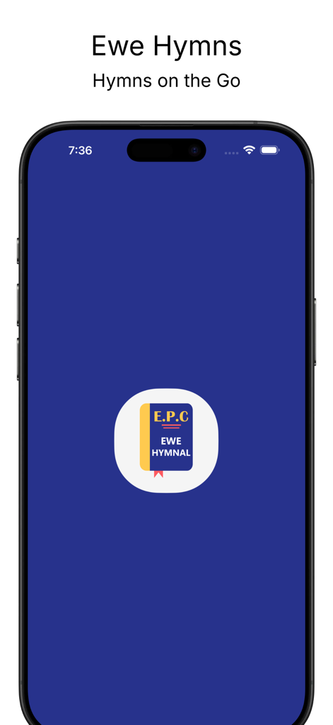 EPC Ewe Hymnal app splash screen featuring the book icon and the slogan Hymns on the Go