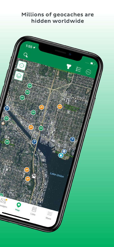 Smartphone screen showing the Geocaching app satellite map with multiple treasure icons hidden across a city area