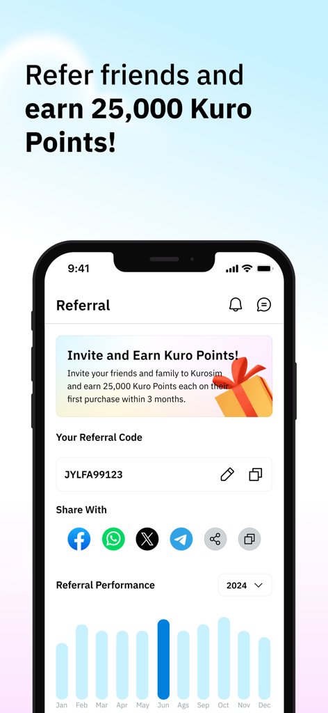 Kurosim app referral screen for earning points and sharing codes