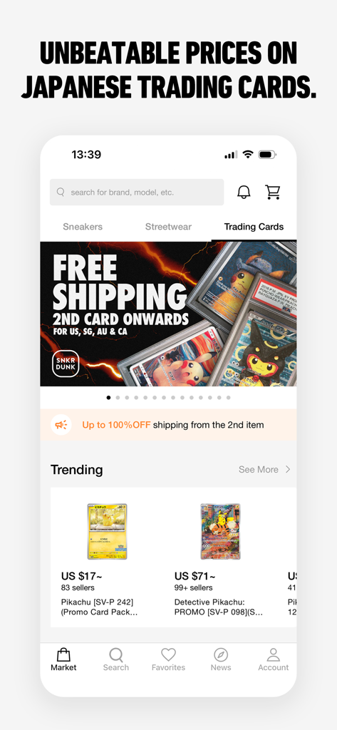 SNKRDUNK app screen displaying Japanese trading cards with free shipping deals and trending items