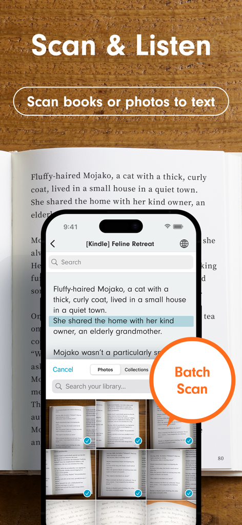 A smartphone screen showing the Voicepaper app batch scanning a physical book to convert text into speech.