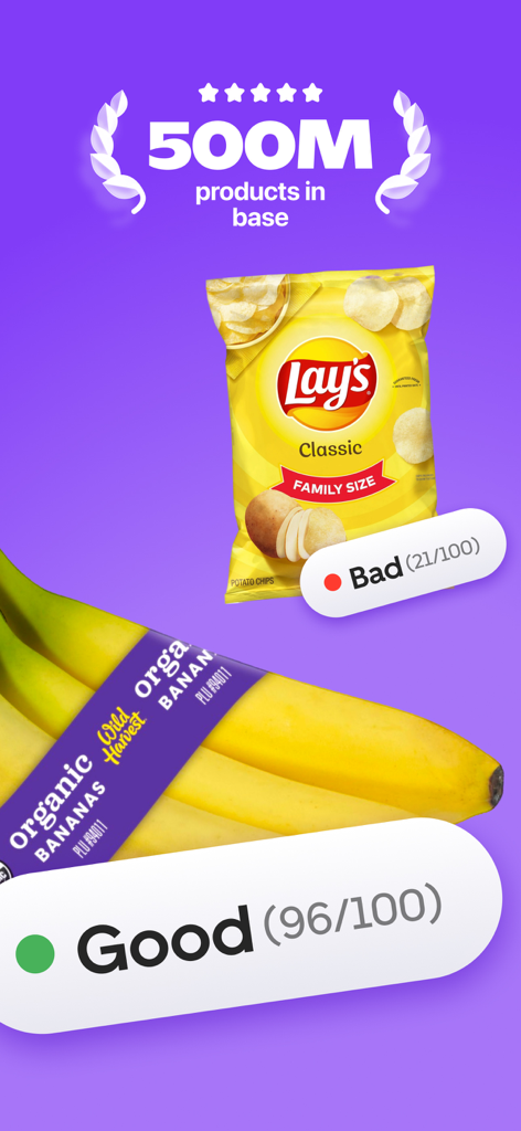 Label AI: Food & Cosmetic Scan - Health score comparison between processed chips and organic bananas in the Label AI app
