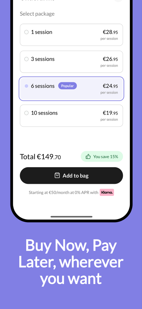 Therapie Clinic app interface for selecting aesthetic treatment packages with a buy now pay later option.