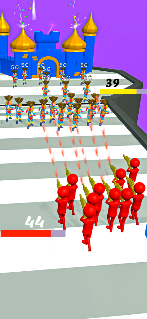 Stickman Wars - Stickman Games - Red stickmen army shooting at enemies in front of a blue castle in a hyper-casual game