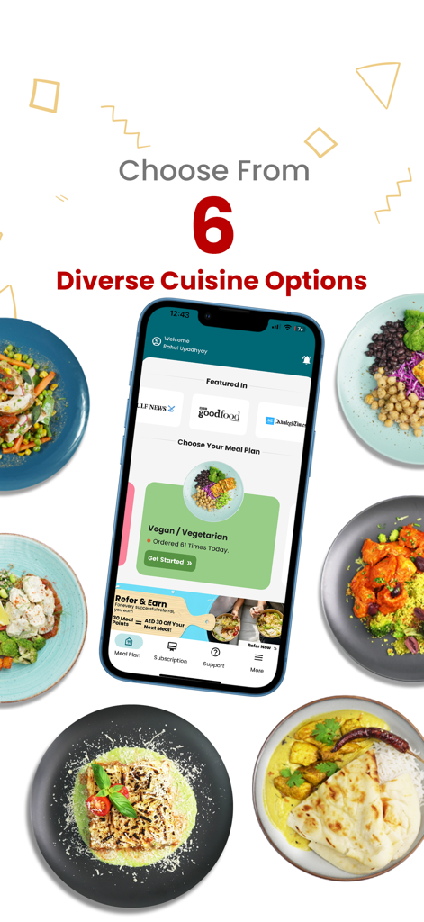Meals On Me - Um smartphone mostrando o aplicativo Meals On Me cercado por diferentes pratos gourmet, incluindo opções veganas e internacionais.
