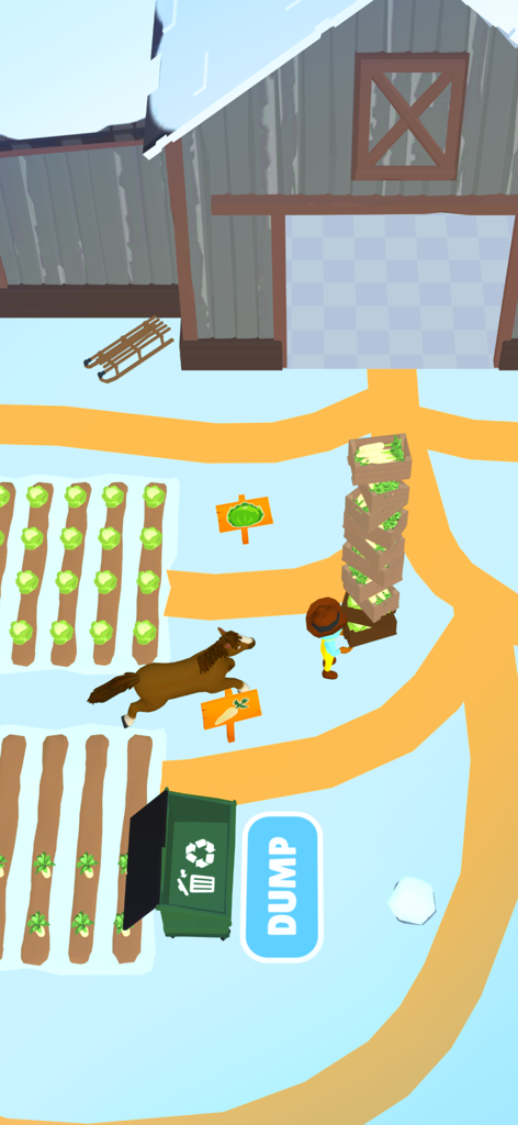 Horse Life - 近くを走る馬がいる雪の積もった牧場で、野菜の箱を高く積んで運ぶキャラクター。