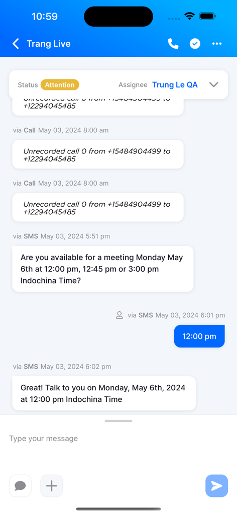WooSender mobile app chat interface displaying call logs and SMS message history for sales leads