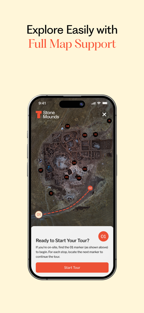 StoneMounds - Interface do aplicativo StoneMounds mostrando um mapa do sítio arqueológico com marcadores de tour numerados