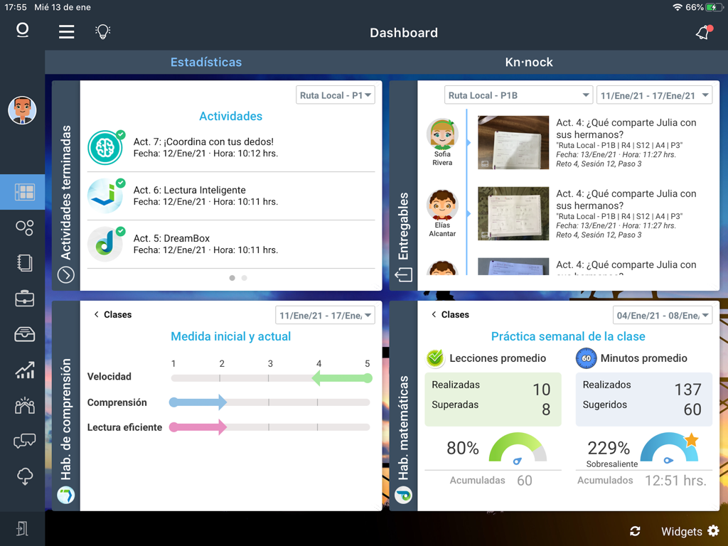Knotion DEP iPad dashboard displaying student activity statistics and learning progress metrics