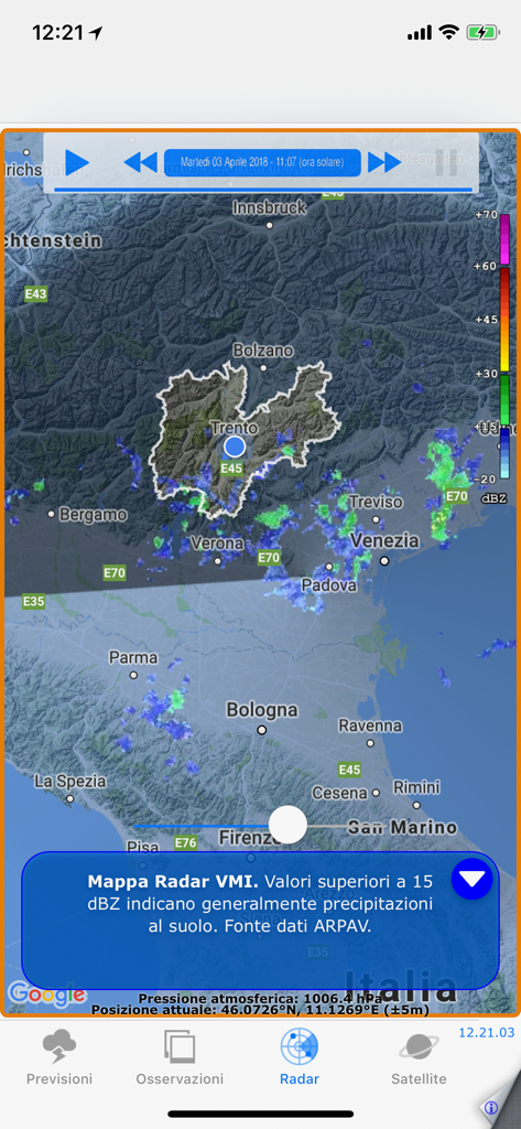 Meteo Trentino app VMI radar map displaying real-time precipitation across Northern Italy