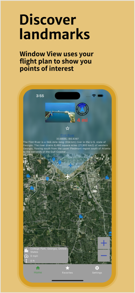 Captura de pantalla de la aplicación Vista de Ventana que muestra un mapa de vuelo con un icono de avión y detalles sobre el lugar de interés del río Flint
