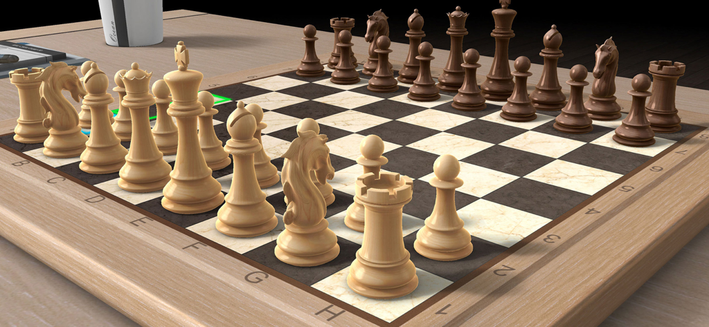 A realistic 3D chess board with ivory and wooden pieces in a high quality digital environment