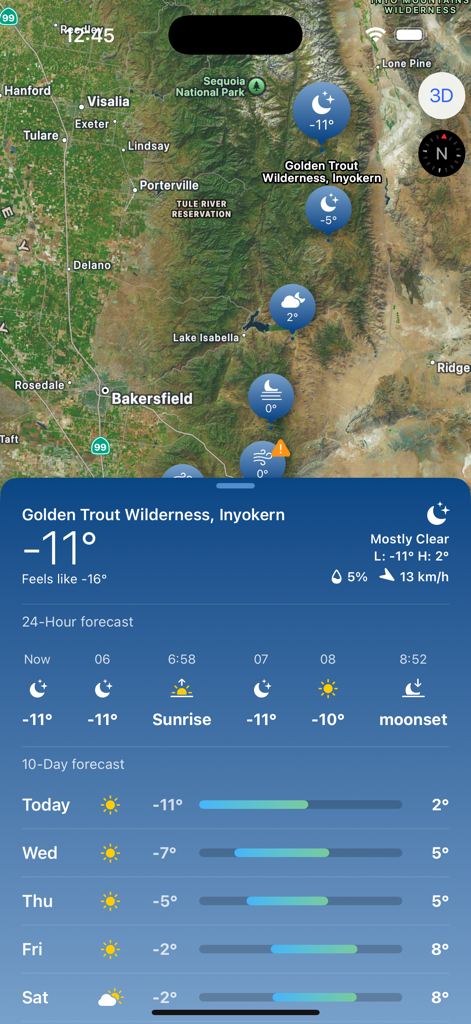 Tap Weather - Tap Weatherアプリのインターフェースにローカル気温アイコンを備えた衛星マップと詳細な予報シートが表示されています