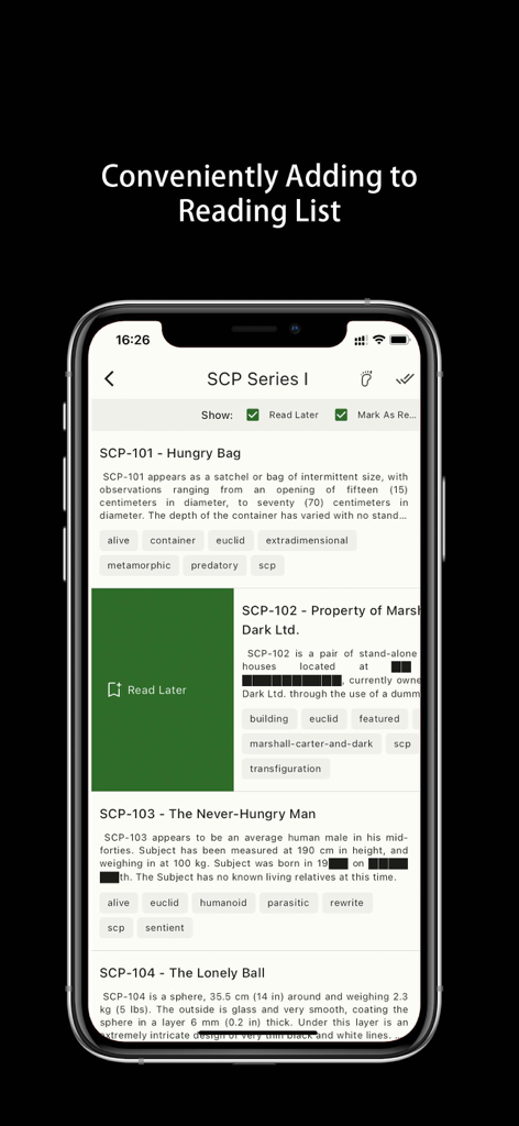 Only SCP - Interfaz móvil de la aplicación Only SCP que muestra una lista de artículos de la Fundación SCP con una acción de deslizamiento verde de 'leer más tarde' en una entrada específica.