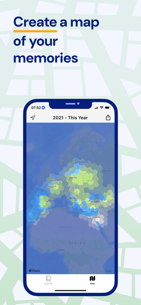 Been & Done Travel Journal Map - iPhone-Bildschirm zeigt eine Reisejournal-App mit einer Karte der besuchten Orte in Europa