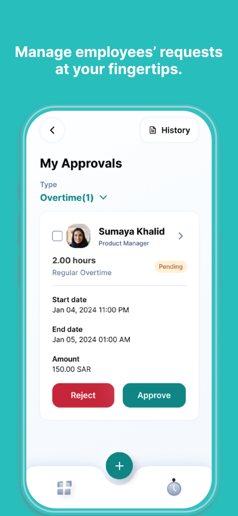 ZenHR - ZenHR mobile app interface showing a manager approving an employee overtime request