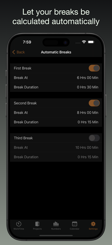iboChron - Work Time Tracker - iboChron App-Bildschirm mit Einstellungen zur automatischen Berechnung mehrerer Arbeitsunterbrechungen