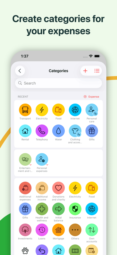 Budget App | Expense Tracker - Interface do aplicativo de orçamento mostrando vários ícones coloridos para categorias de despesas como transporte, alimentação e aluguel
