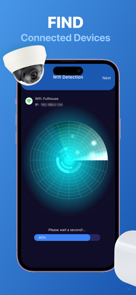 Camera Detector App - Camera Detector app interface showing a wifi network scanner with a radar graphic to find hidden connected devices.
