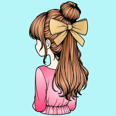 realistic girl  with hip length hair a bun and a big bow on the back of head